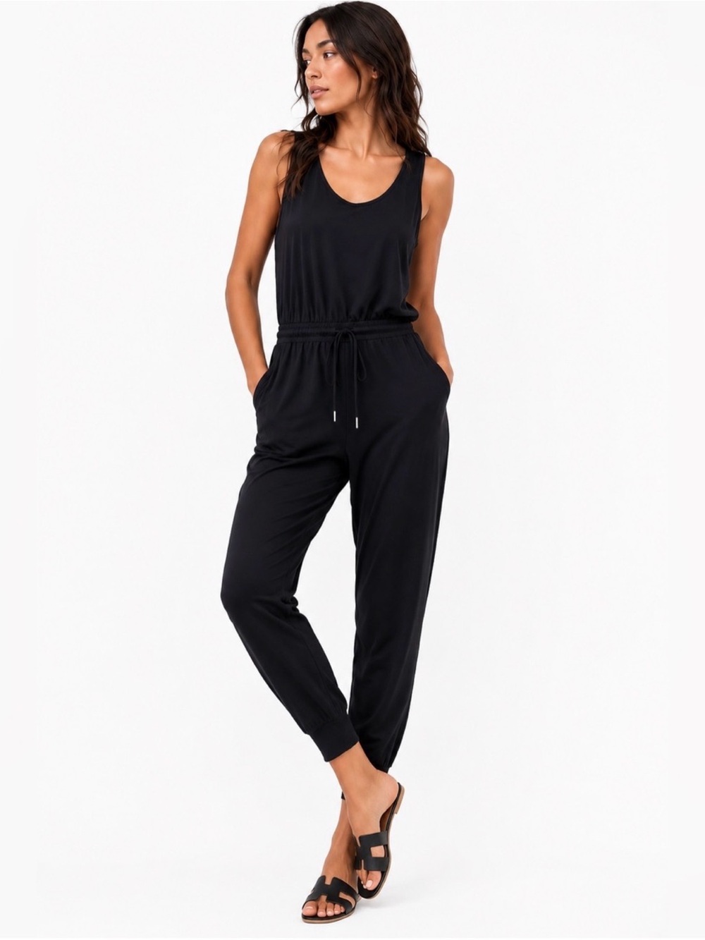 Athleta Balance Jumpsuit Black Sleeveless Drawstring
